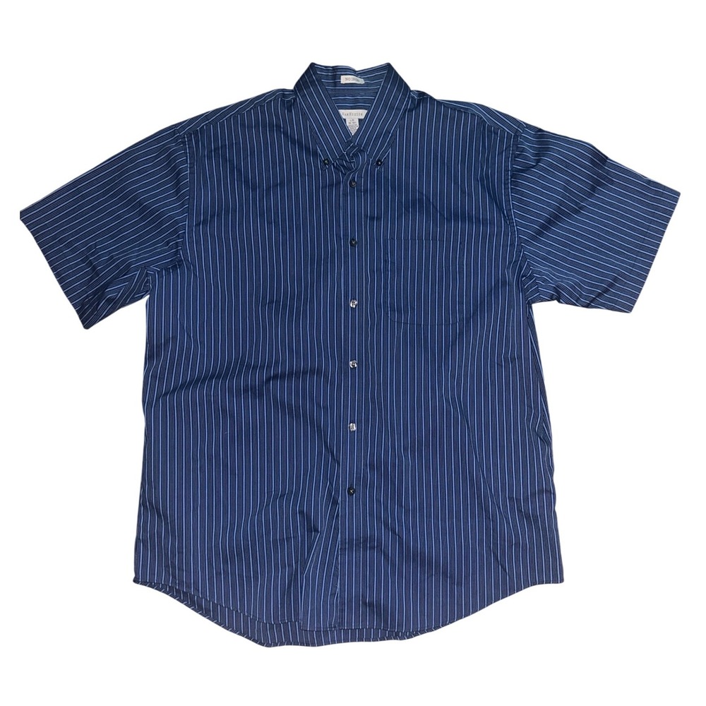 Van Heusen Mens Large Blue Striped Short Sleeve No Iron Button Down Shirt